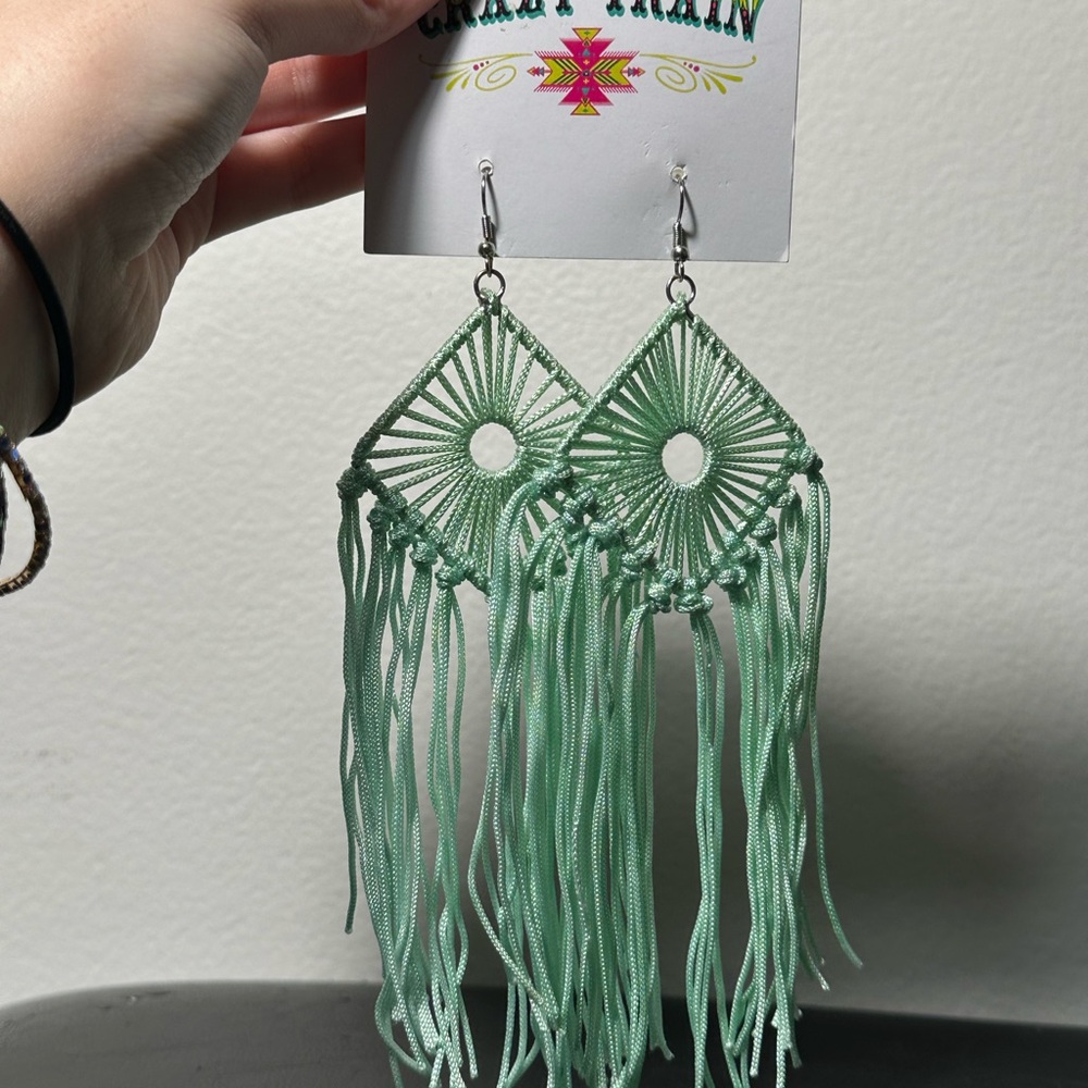 Crazy Train Green Fringe Earrings Bohemian Style